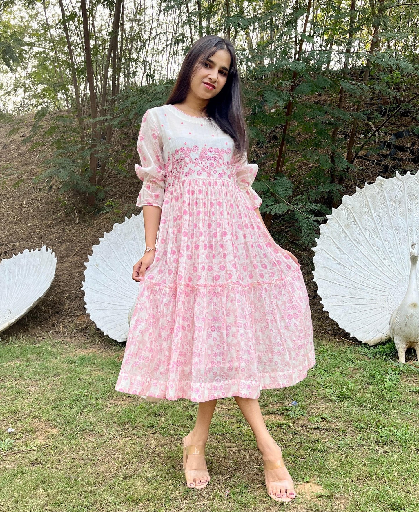 'Chanderi Silk' Pink Bloom Printed Dress - Limited Edition