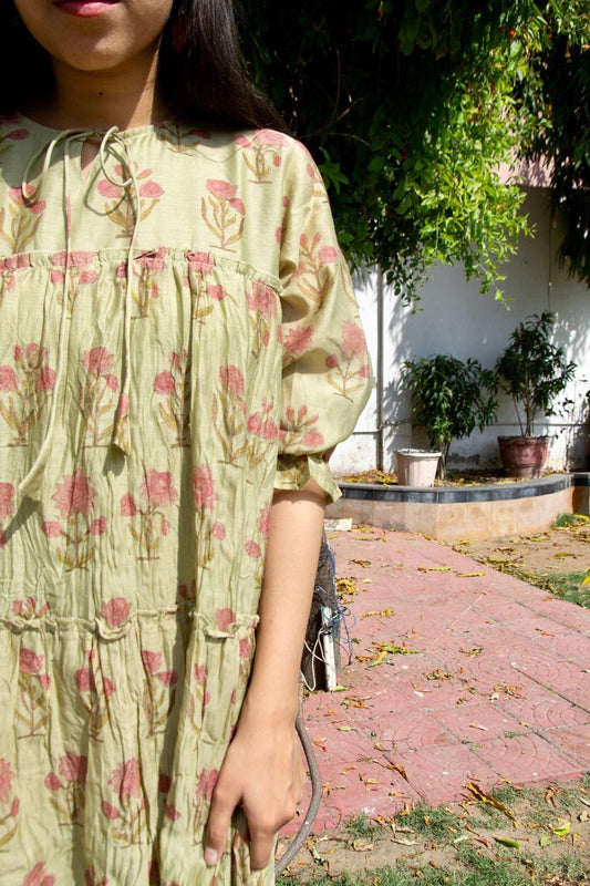 'Maheshwari Silk' Olive Green Printed Dress