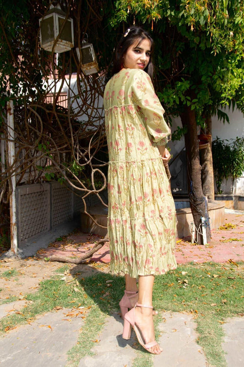 'Maheshwari Silk' Olive Green Printed Dress