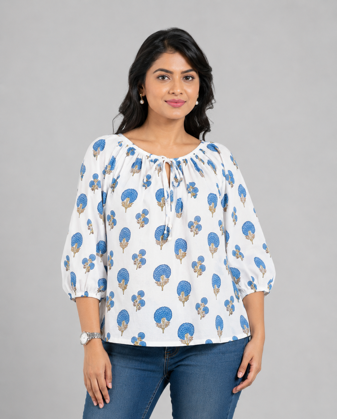 Blue Bloom Gather Cotton Top