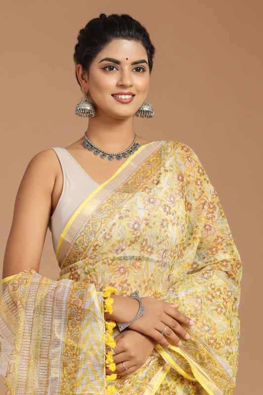 Sunshine Elegance: Yellow and White Floral Print Kota Doria Saree