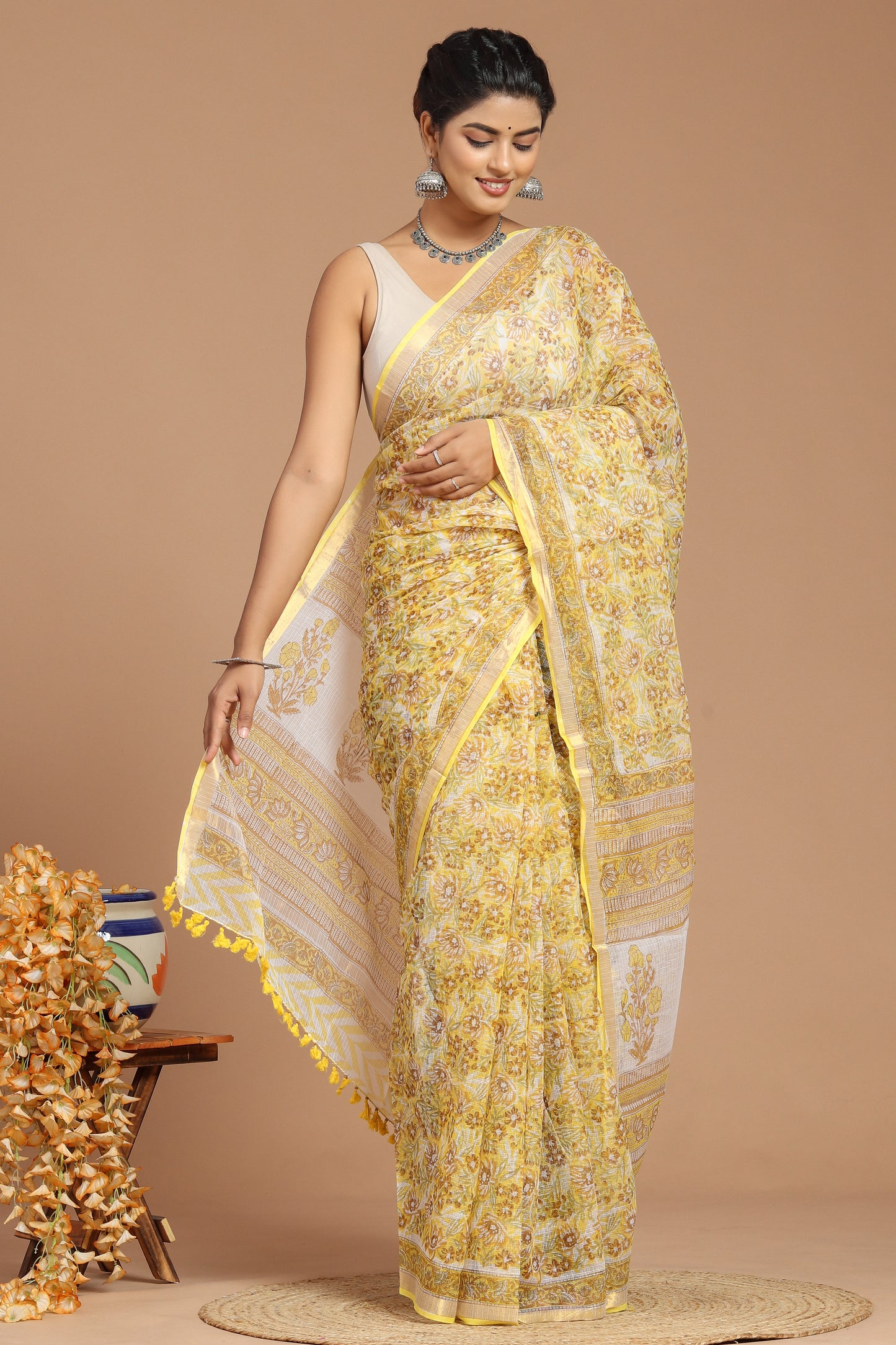 Sunshine Elegance: Yellow and White Floral Print Kota Doria Saree