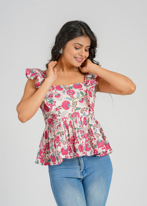 Pink Flora Flutter Short Top