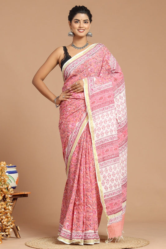 Whimsical Blooms: Pink Floral Print Handwoven Cotton Saree