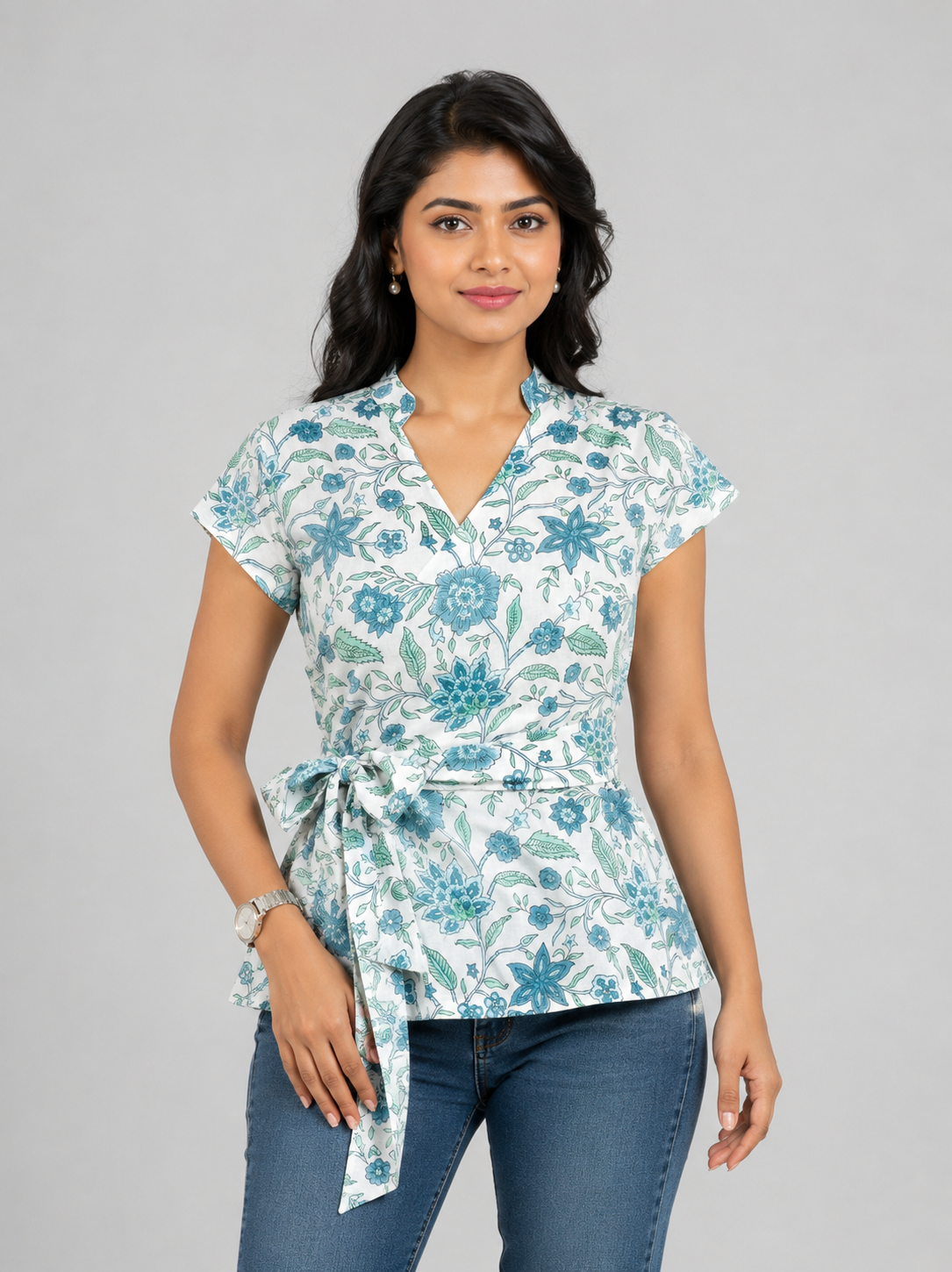 Azure Vine Wrap Cotton Top