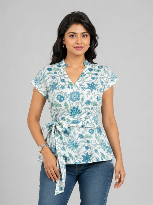 Azure Vine Wrap Cotton Top