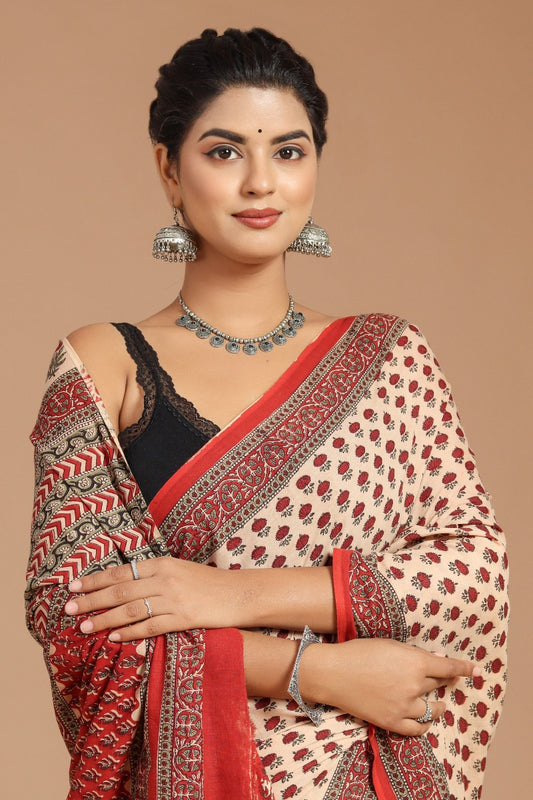 Regal Splendor: Royal Red Print Cotton Voile Saree