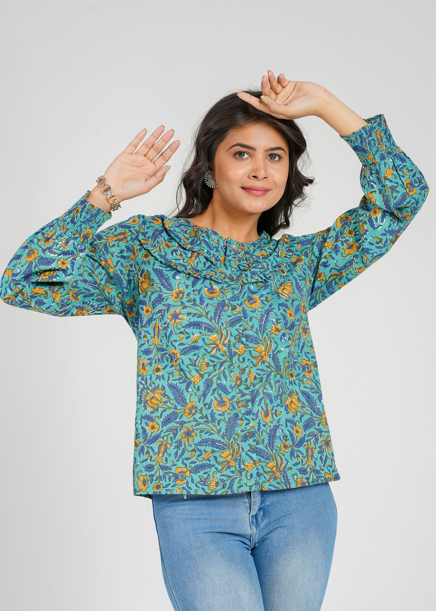 Teal Block Printed Short Top
