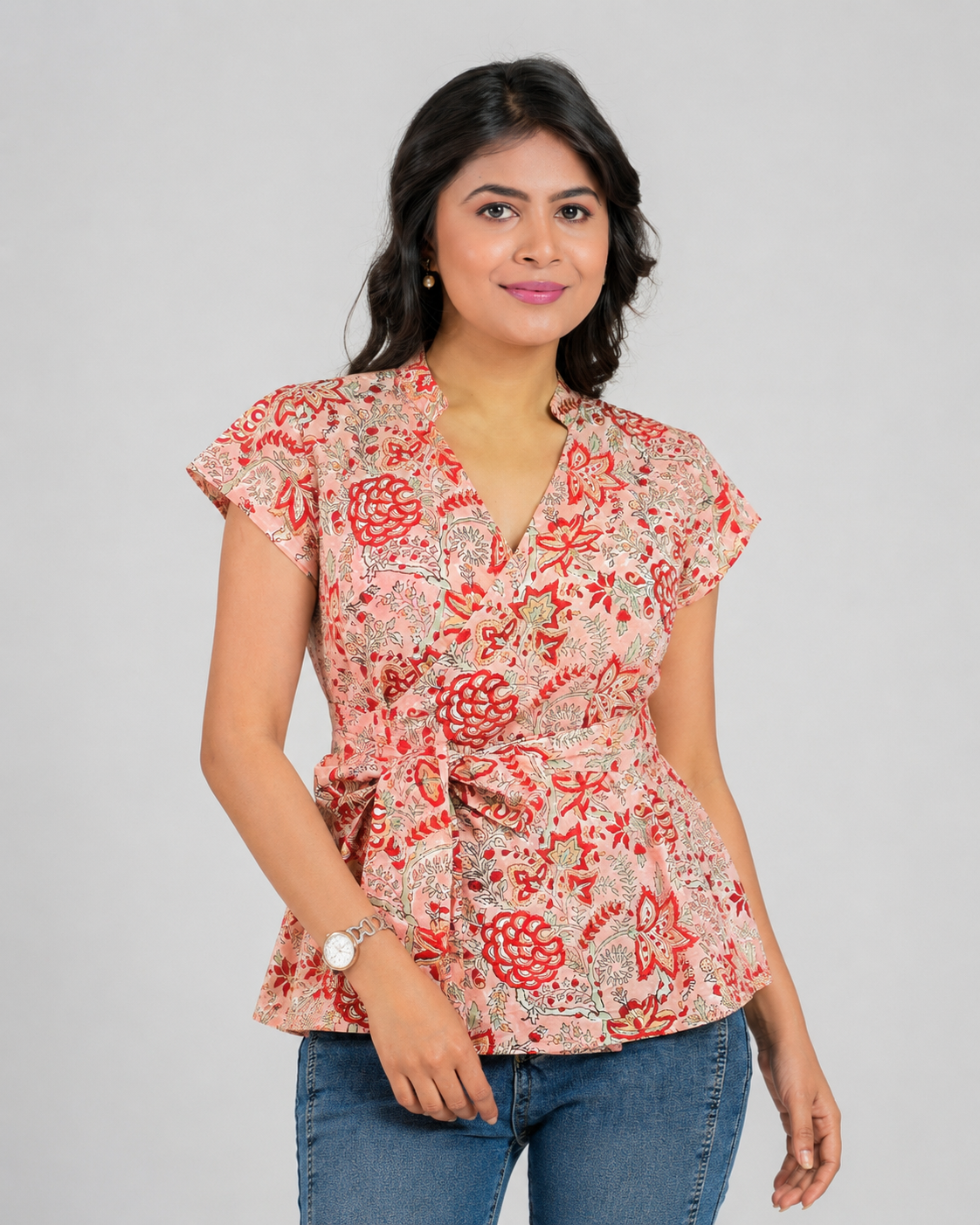 Coral Jaal Wrap Cotton Top