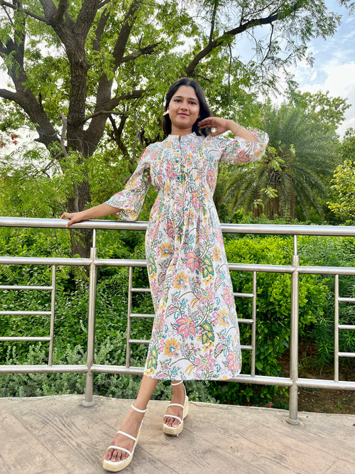 White Floral Printed Dress