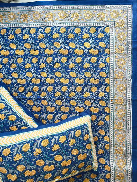 Misty Blue Block Printed Bedsheet Set
