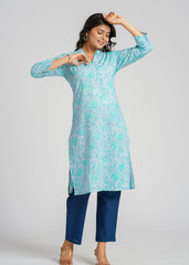 Teal Block Printed Cotton  Kurta