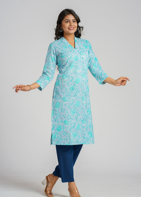 Teal Block Printed Cotton  Kurta