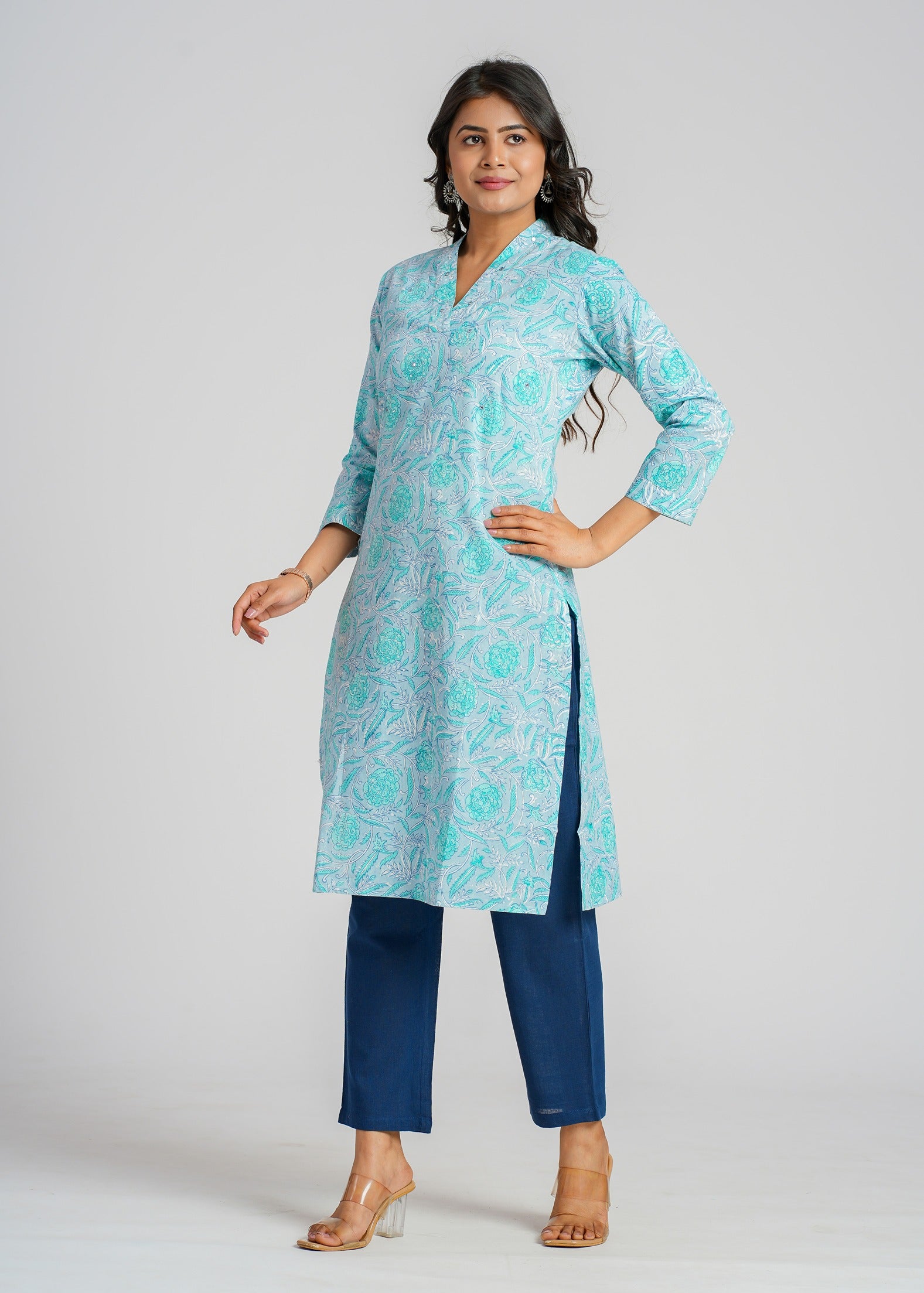 Teal Block Printed Cotton  Kurta