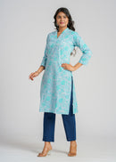 Teal Block Printed Cotton  Kurta