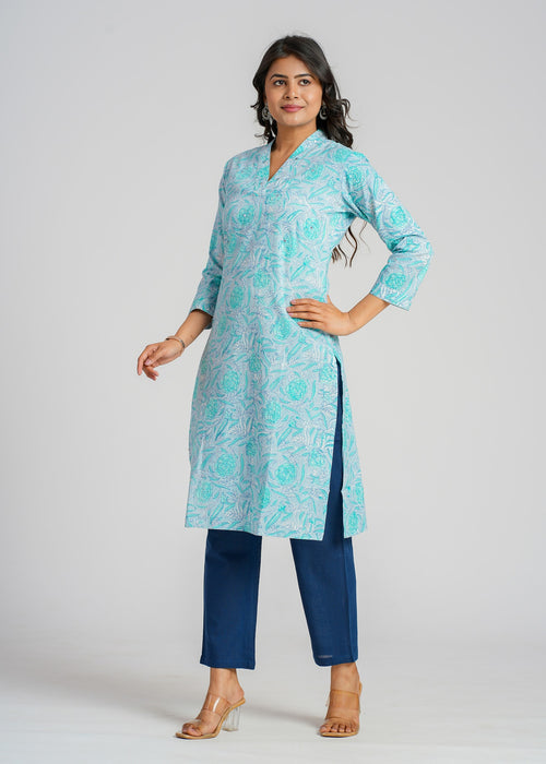 Teal Block Printed Cotton  Kurta
