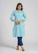 Teal Block Printed Cotton  Kurta