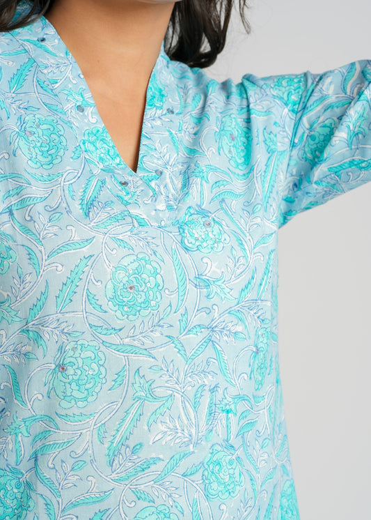 Teal Block Printed Cotton  Kurta