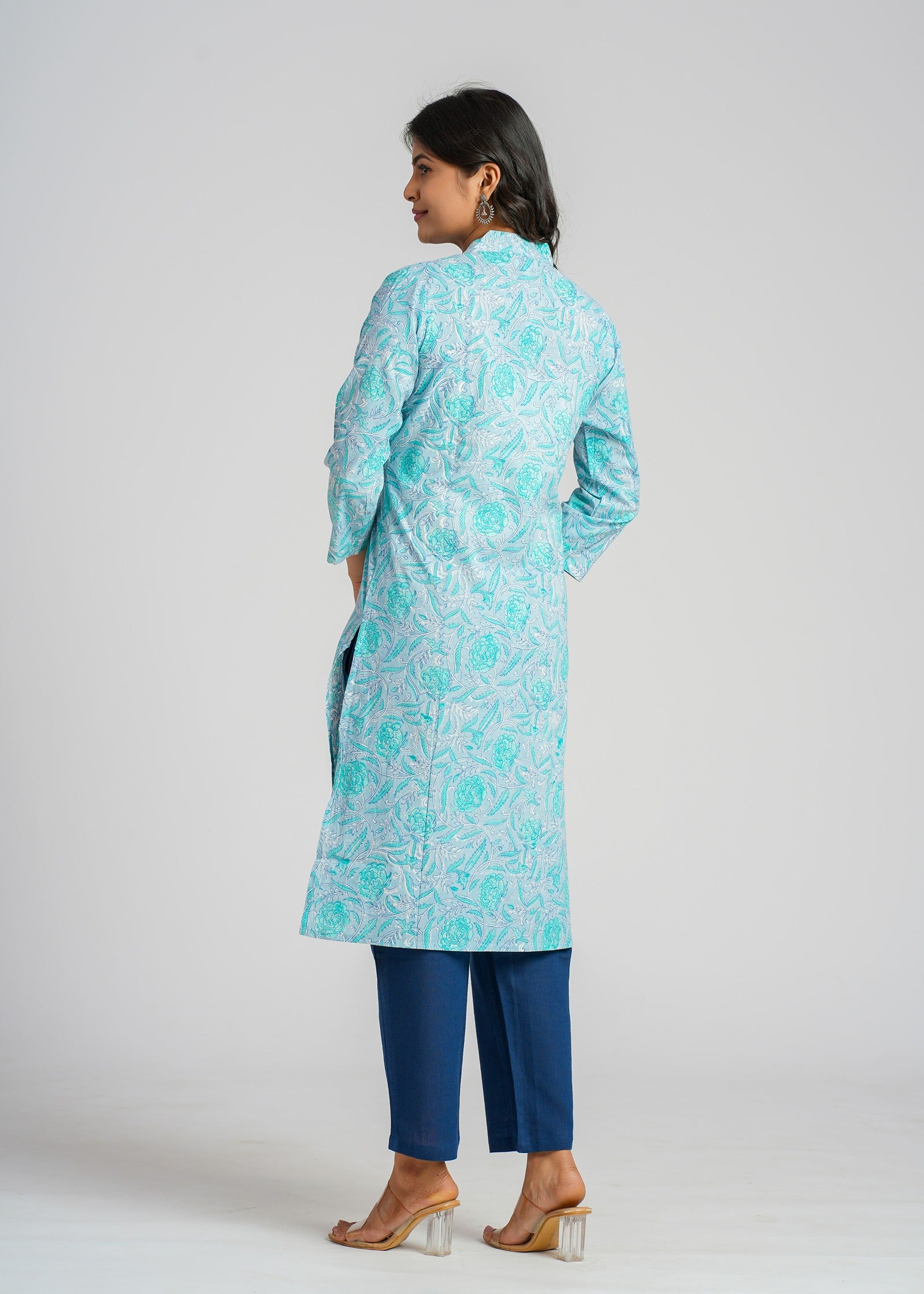 Teal Block Printed Cotton  Kurta
