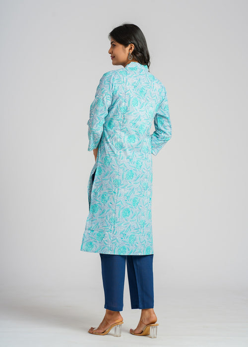 Teal Block Printed Cotton  Kurta
