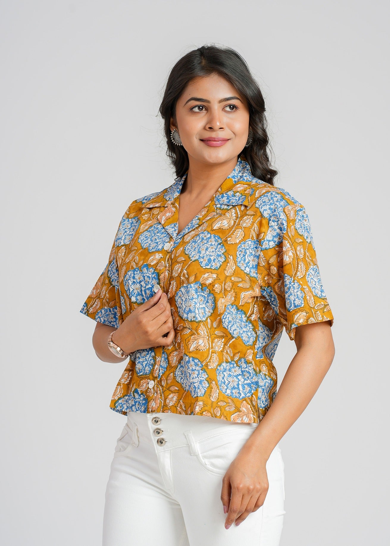 Mustard Bloom Cotton Crop Shirt