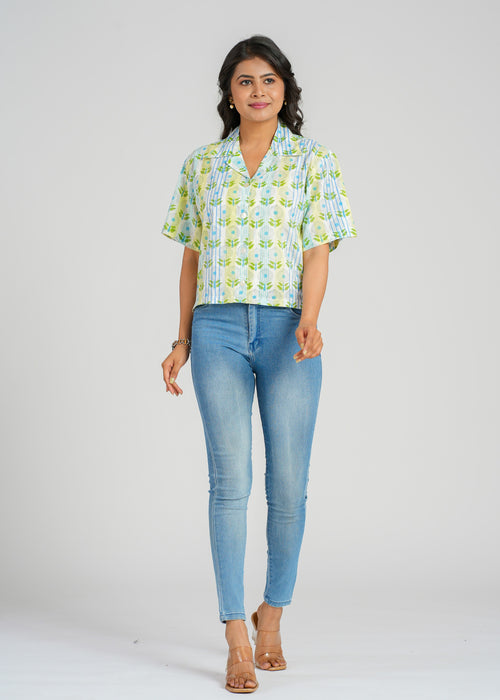 Mint Stripe Floral Crop Shirt
