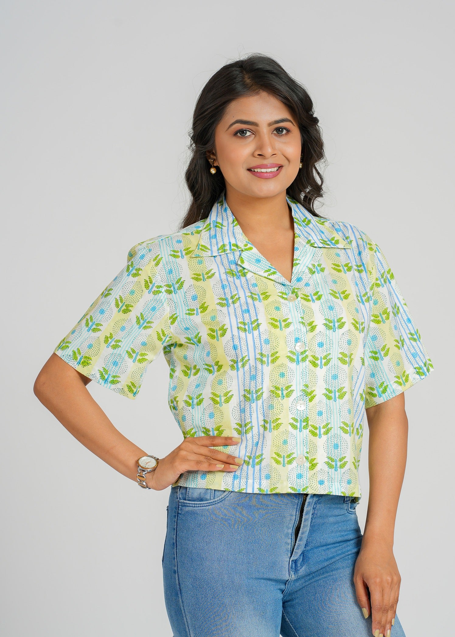 Mint Stripe Floral Crop Shirt