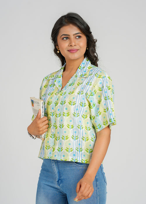 Mint Stripe Floral Crop Shirt