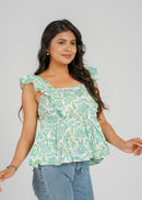 Mint Floral Block Printed Short Top