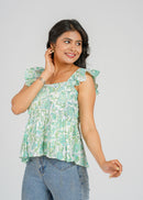 Mint Floral Block Printed Short Top