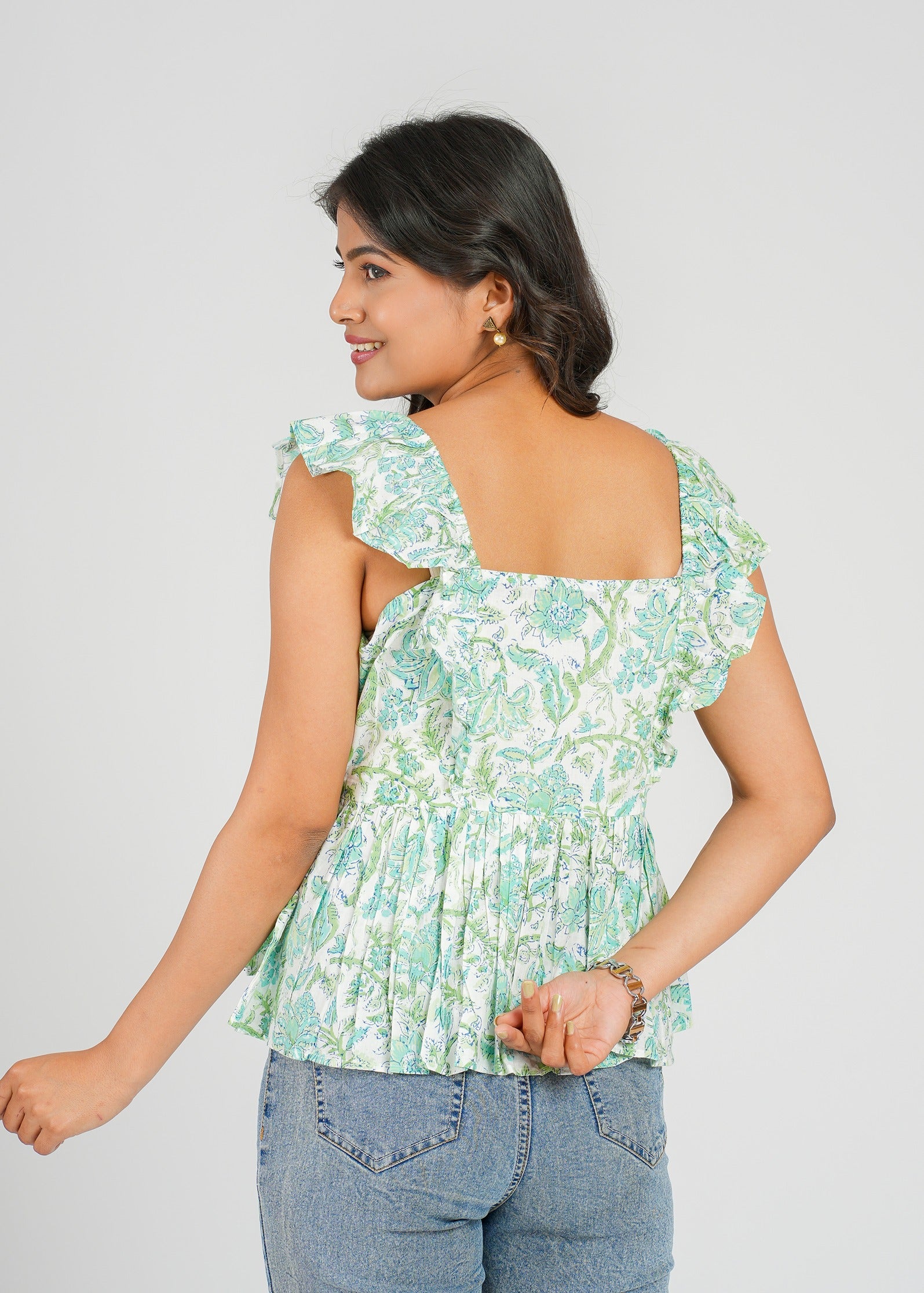 Mint Floral Block Printed Short Top