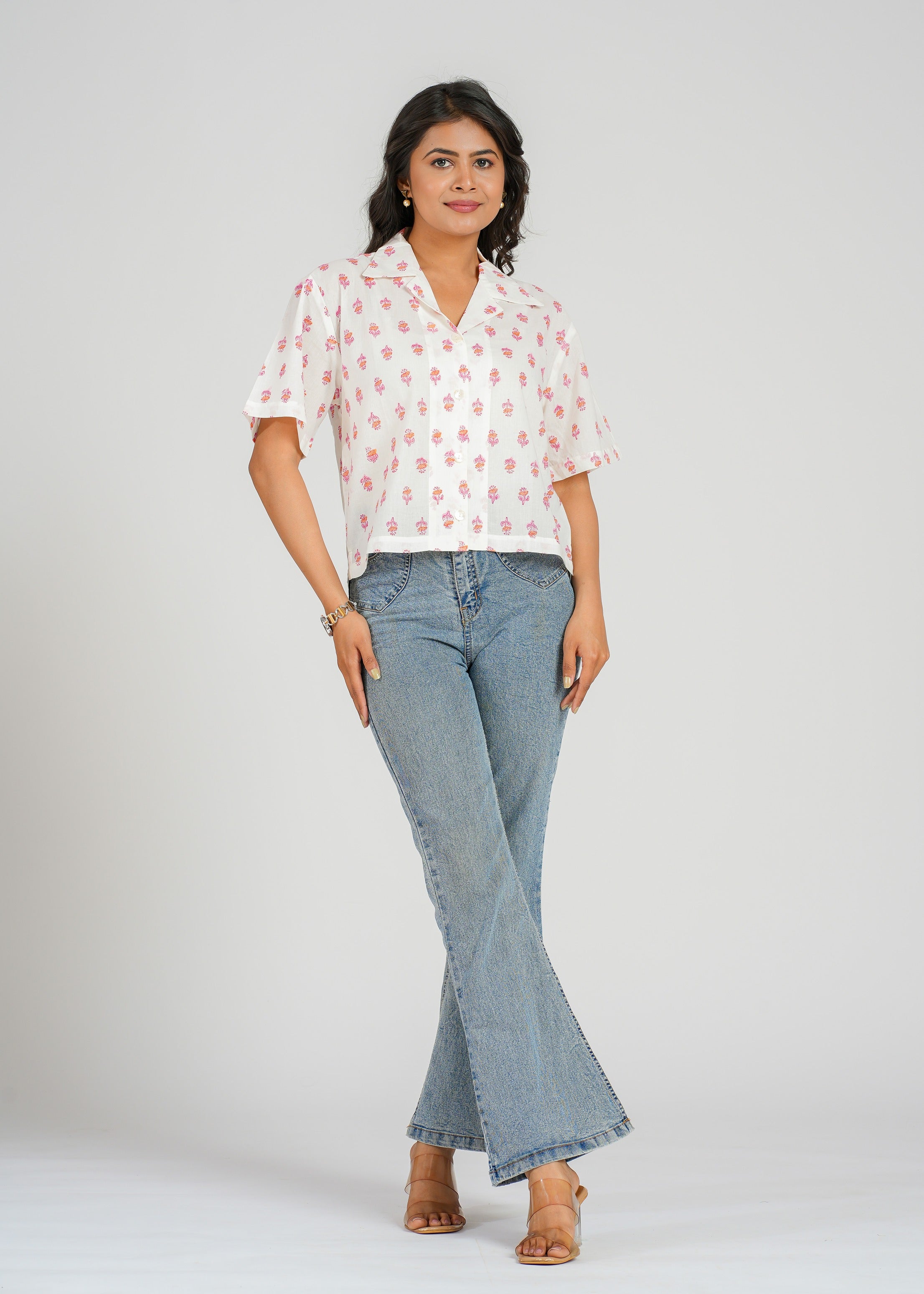 Coral Block Printed Crop Shirt