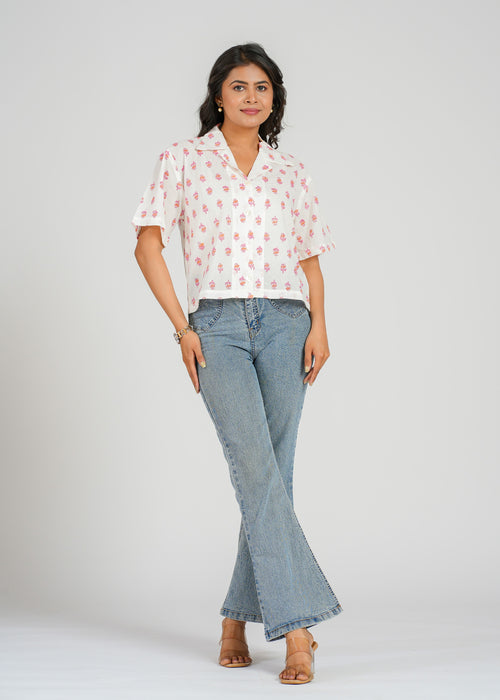 Coral Block Printed Crop Shirt