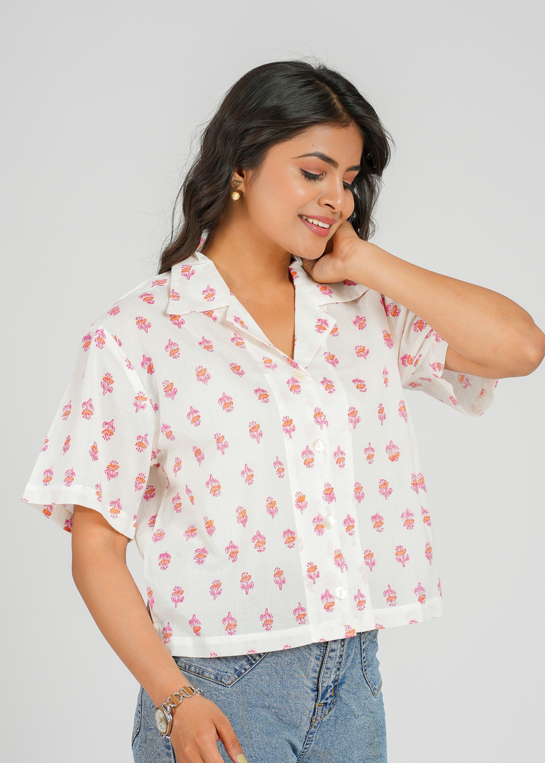 Coral Block Printed Crop Shirt
