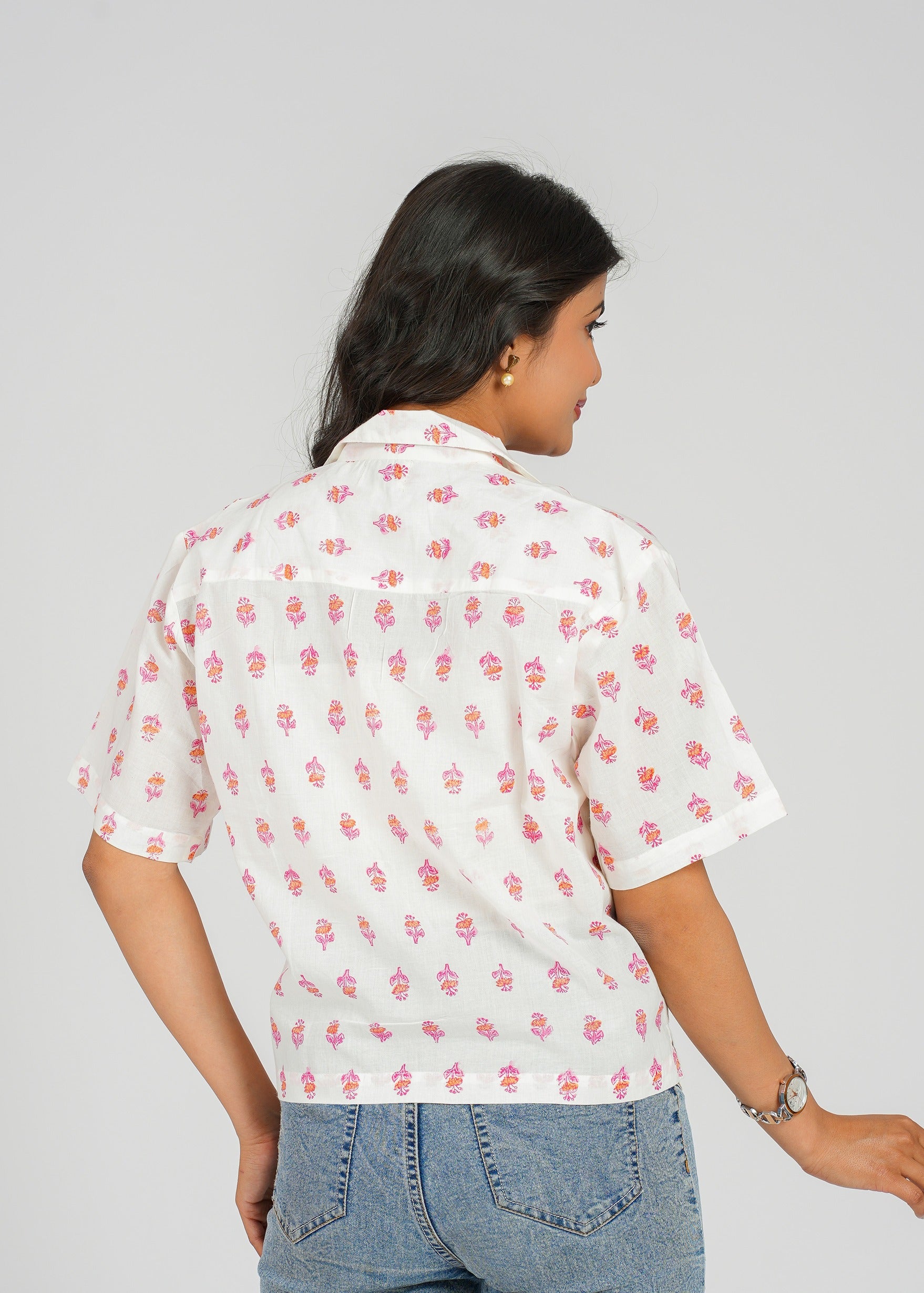 Coral Block Printed Crop Shirt