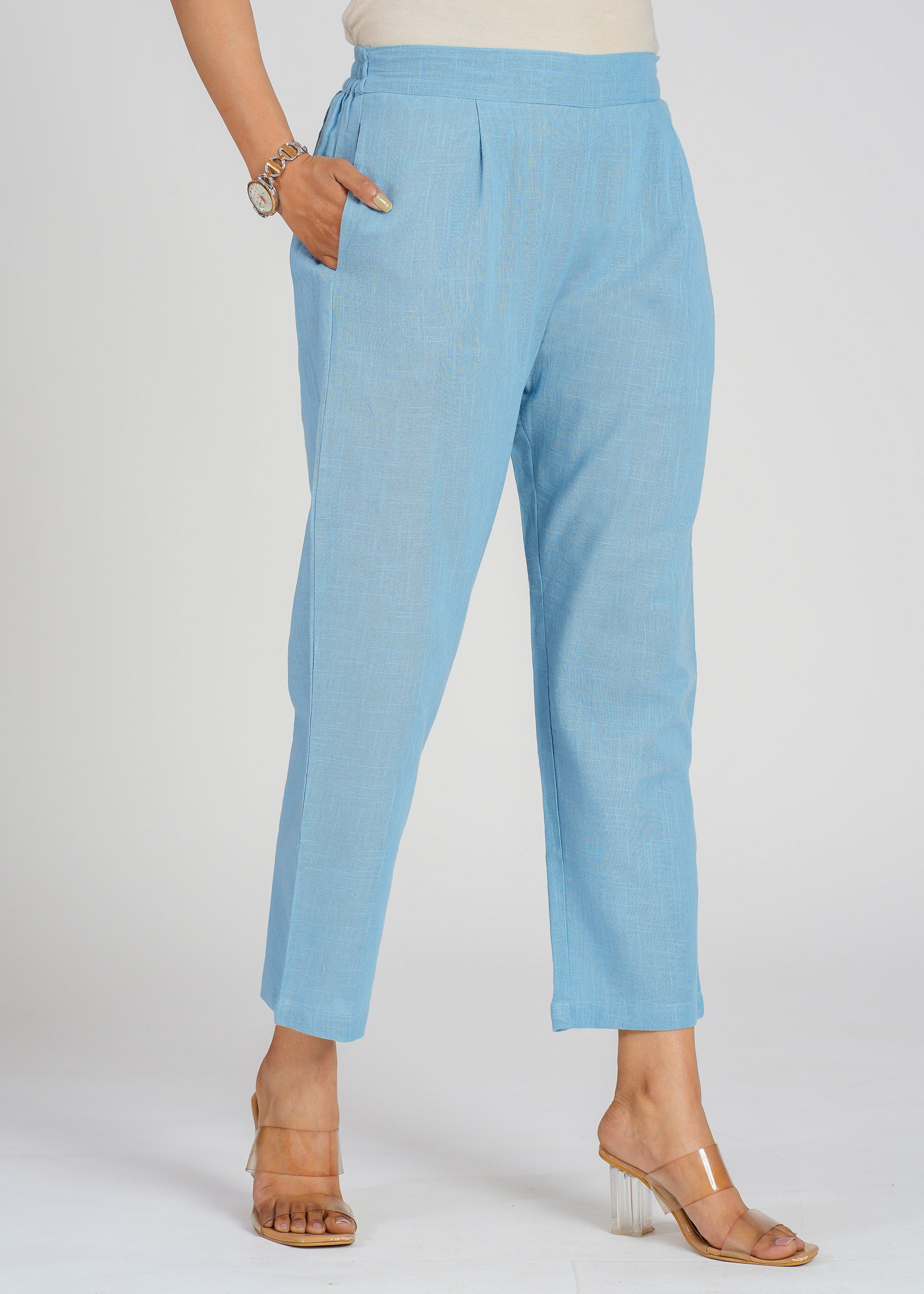 Blue Narrow Leg Cotton Pants