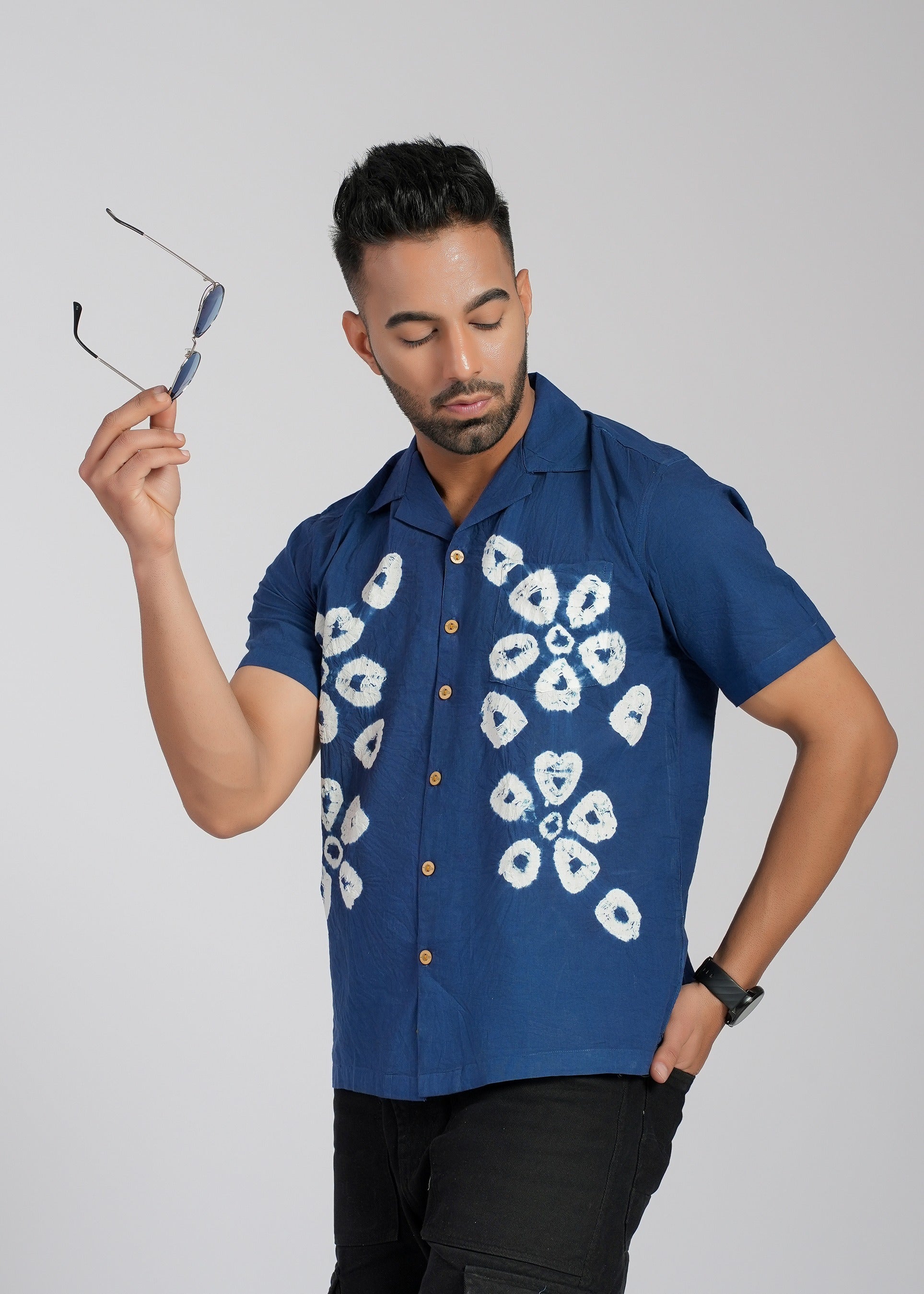 Indigo Shibori Hand Dyed Cotton Shirt
