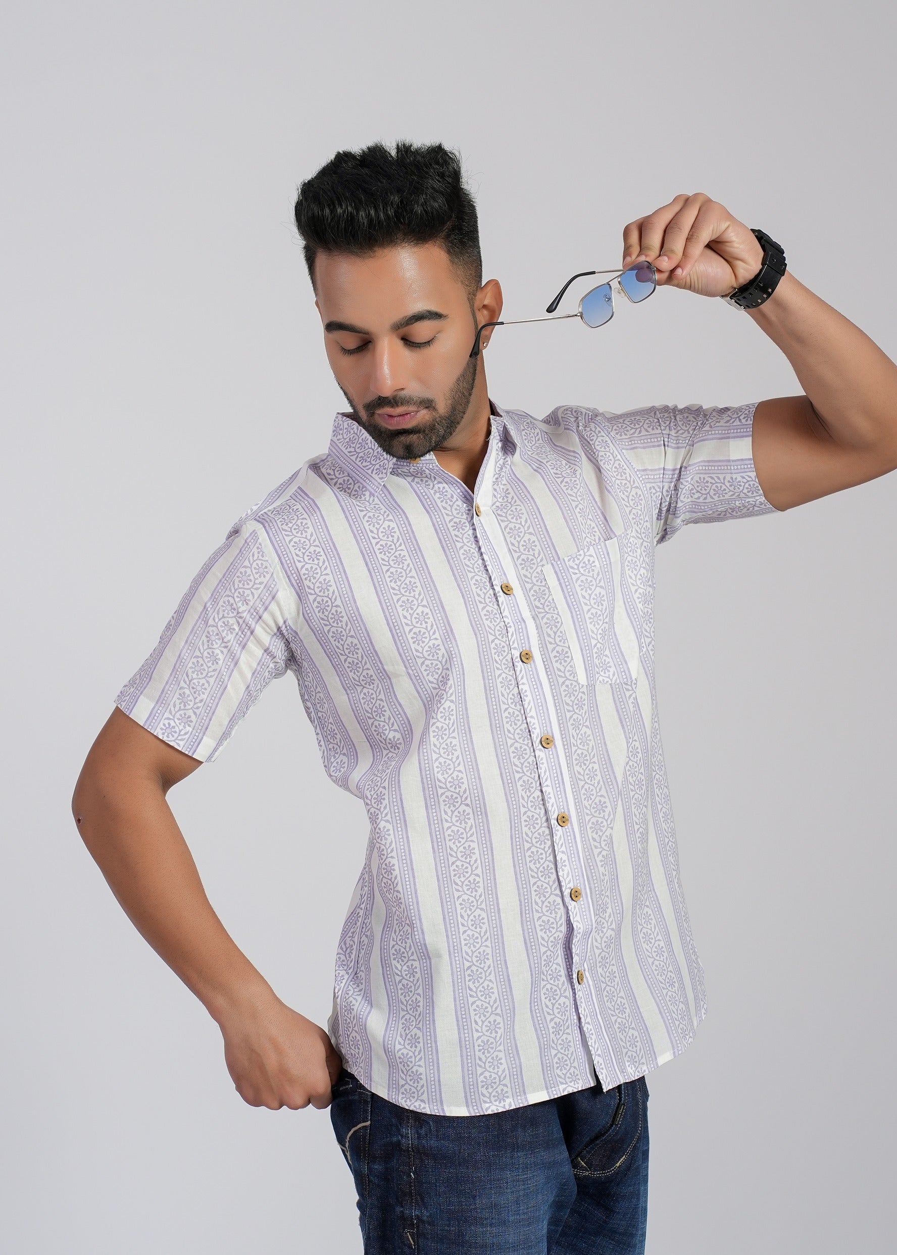 COTTON BLOCK PRINTED HALF SLEEVE SHIRT