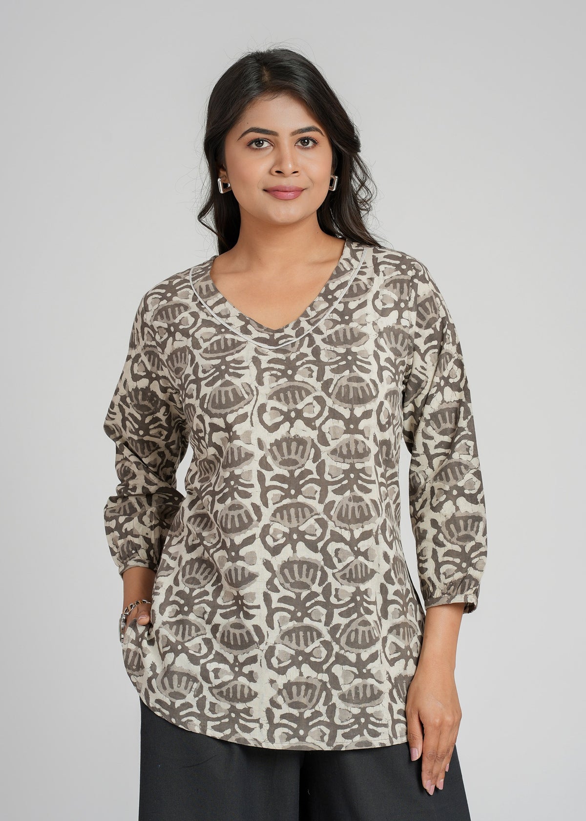 Grey Dabu Printed Short Kurti