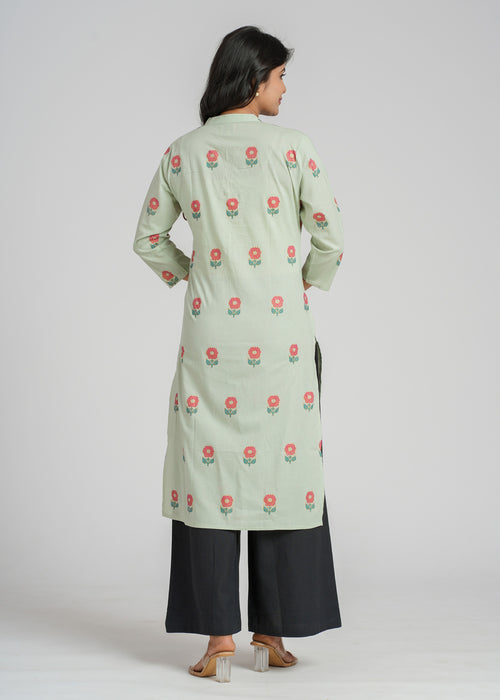 Green Block Printed Cotton  Kurta