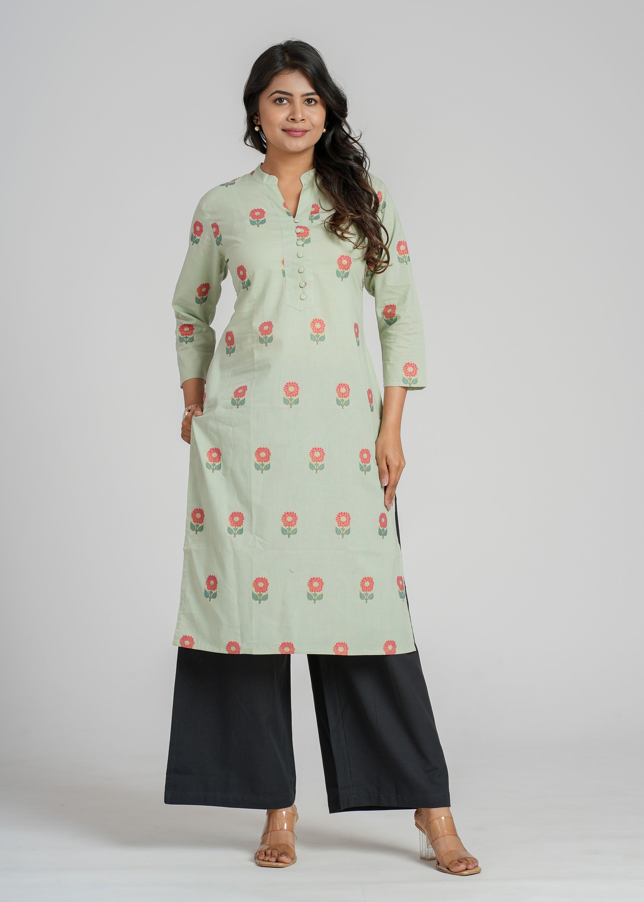 Green Block Printed Cotton  Kurta