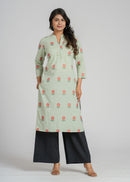 Green Block Printed Cotton  Kurta