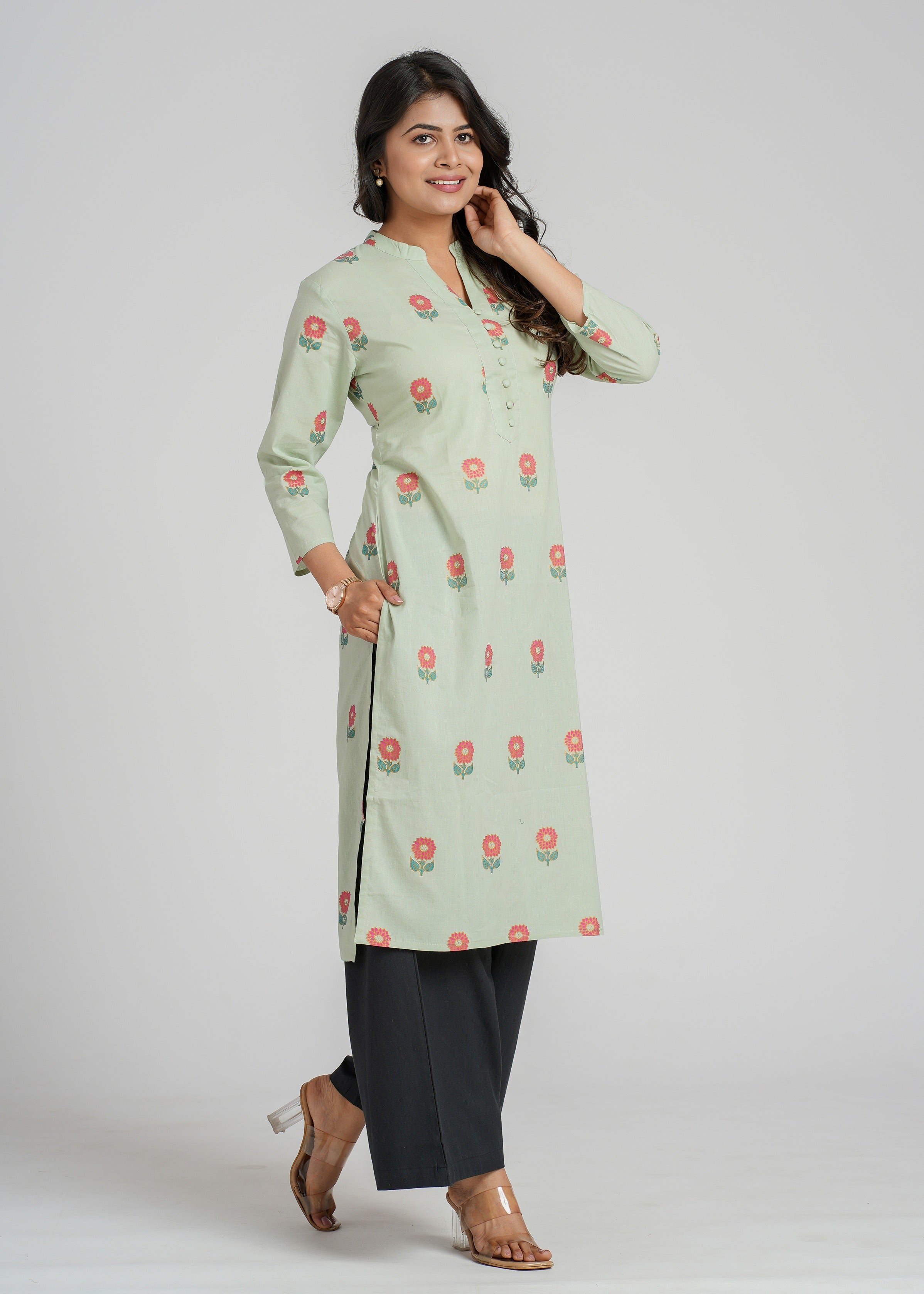Green Block Printed Cotton  Kurta