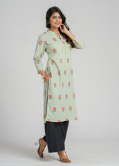 Green Block Printed Cotton  Kurta