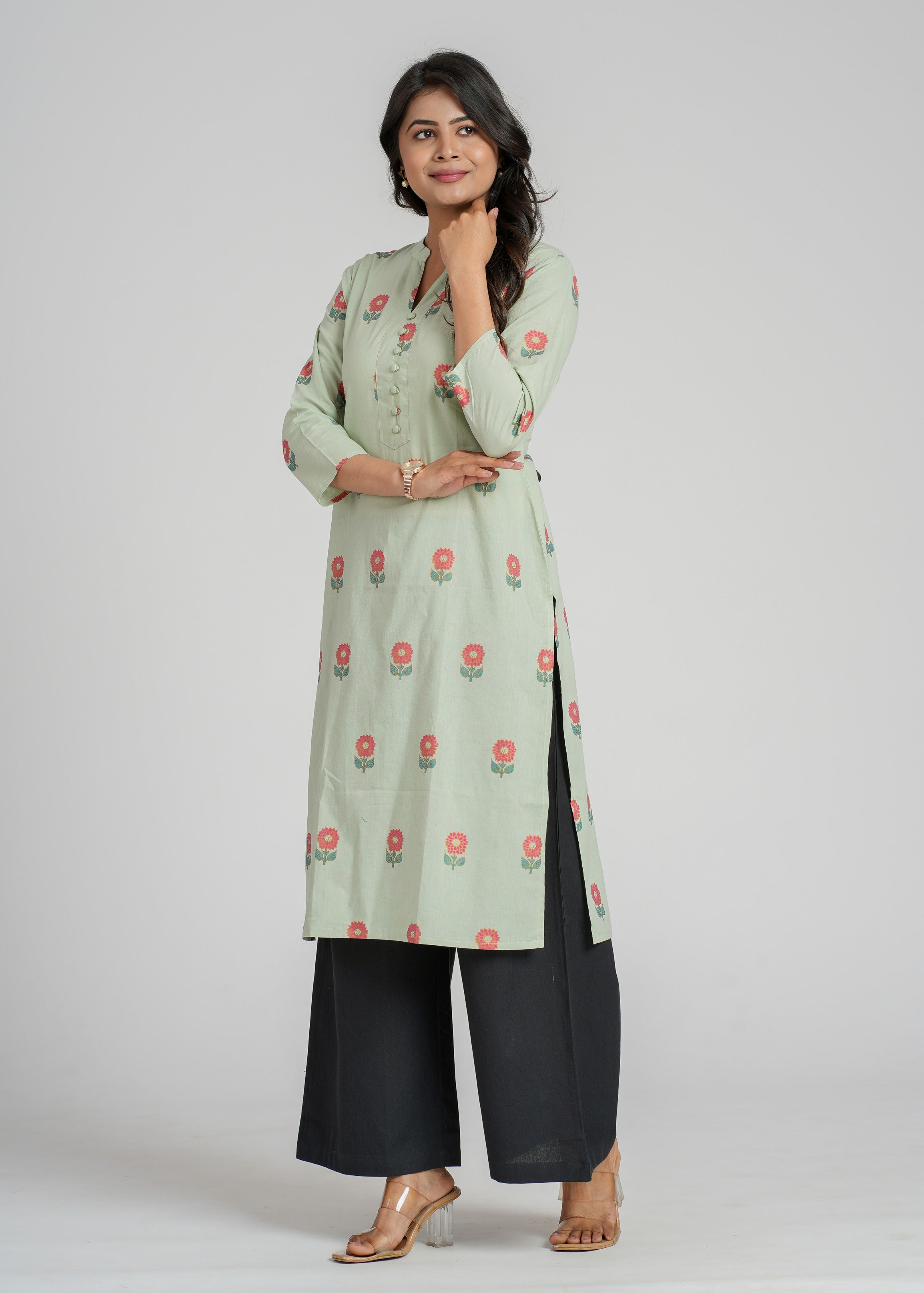 Green Block Printed Cotton  Kurta