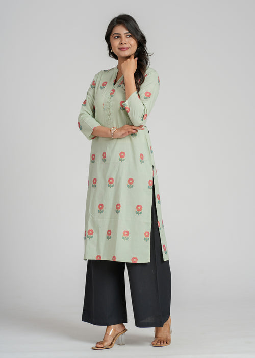 Green Block Printed Cotton  Kurta