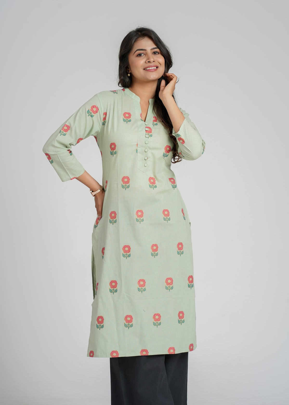 Green Block Printed Cotton  Kurta