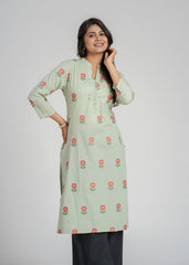 Green Block Printed Cotton  Kurta