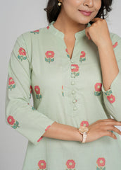 Green Block Printed Cotton  Kurta