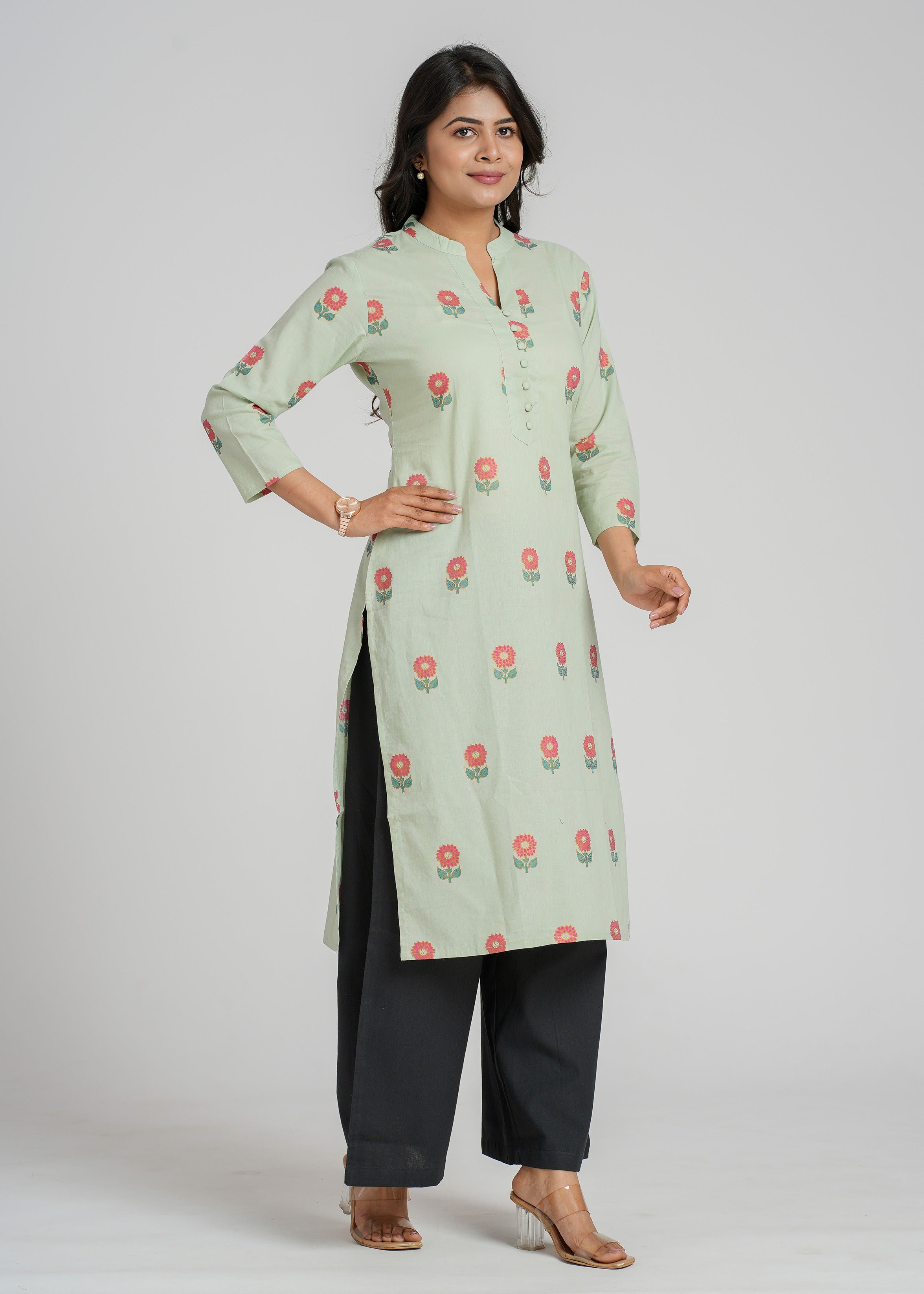 Green Block Printed Cotton  Kurta